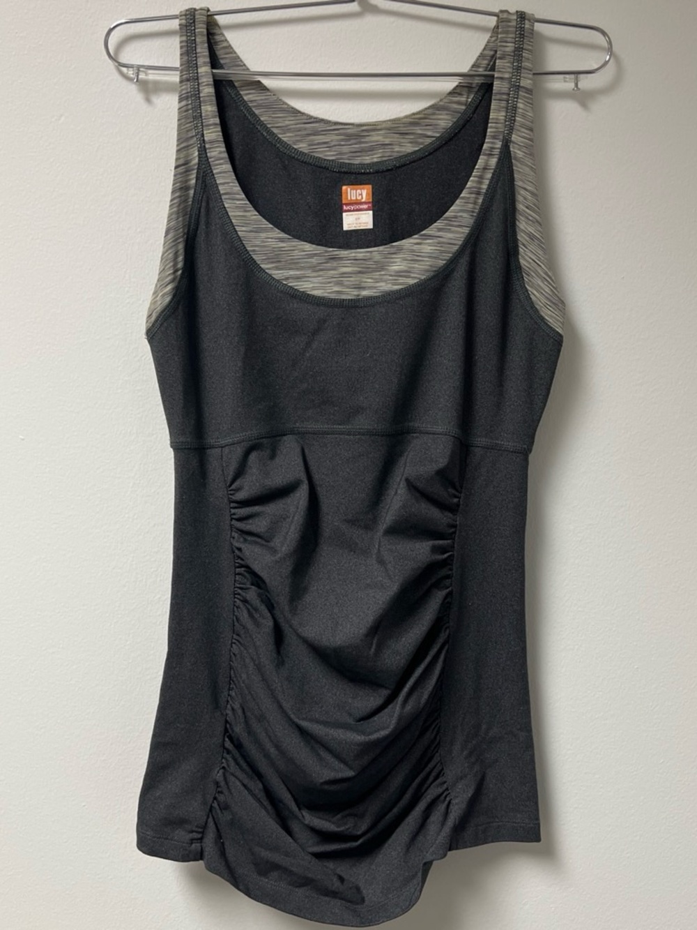 Lucy Black Tank with Heather Gray Trim and Ruched Front